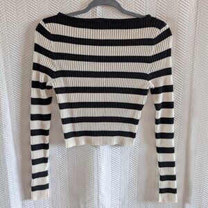 H&M Rib Knit Cropped Boat Neck Top Black and cream/off-white stripes Size Medium